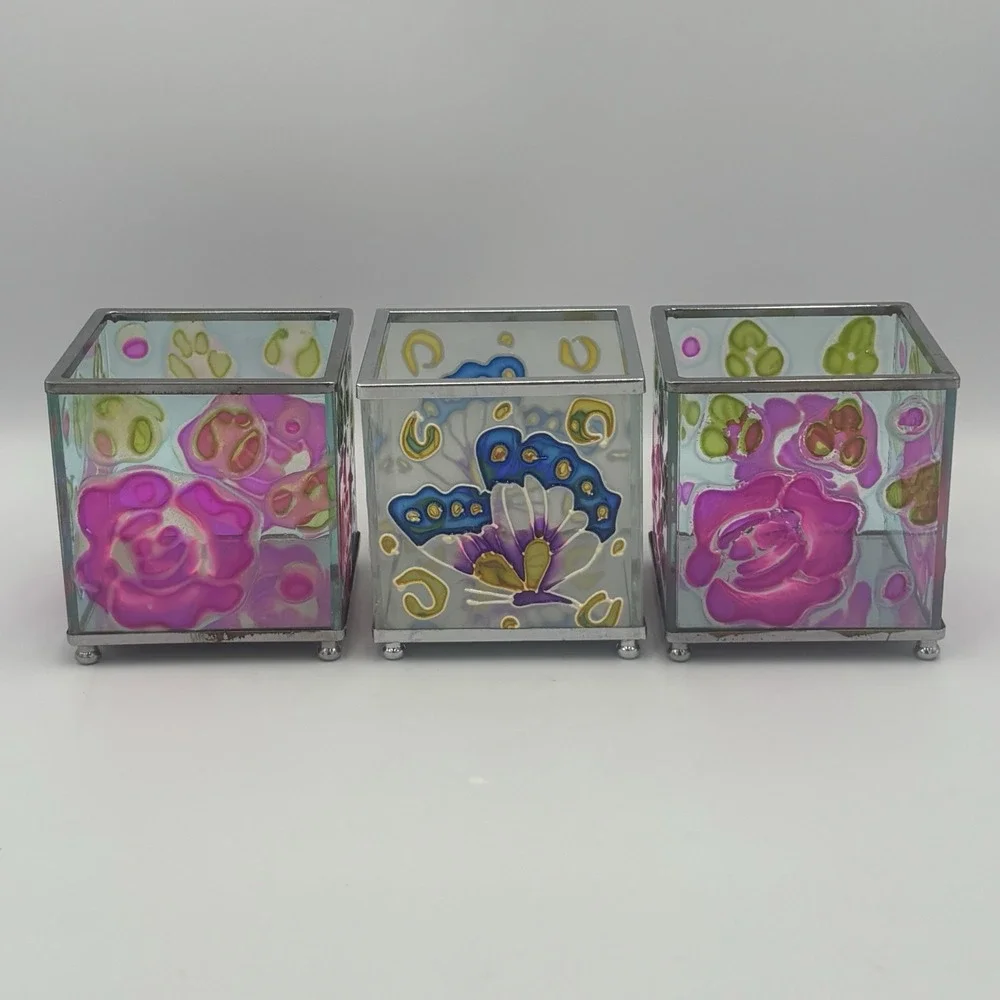 Vintage Floral Butterfly Faux-Stained Glass Candle Votive Holder 3